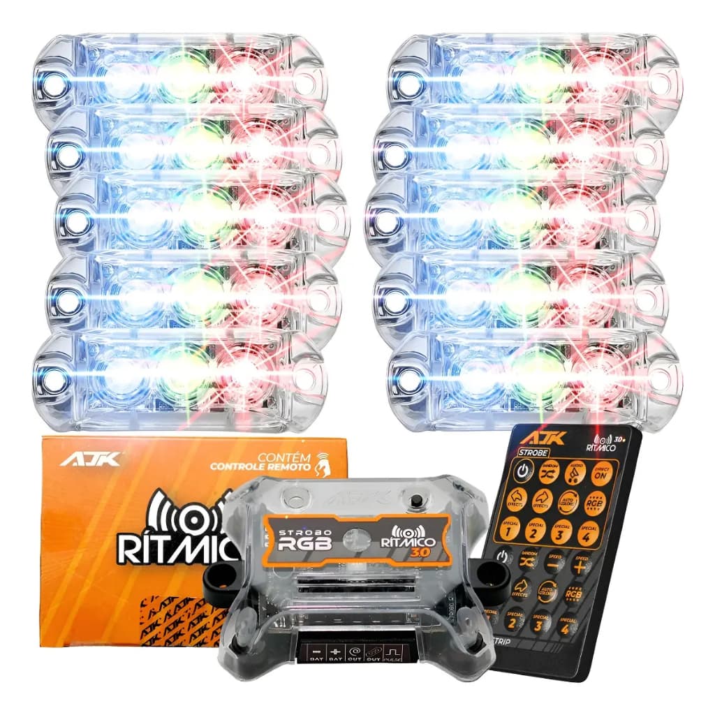 Kit 10 Strobo AJK 3.0 6W RGB Digital Endereçável e Ritmico Faróis 6W + Controle 38 Mil Efeitos