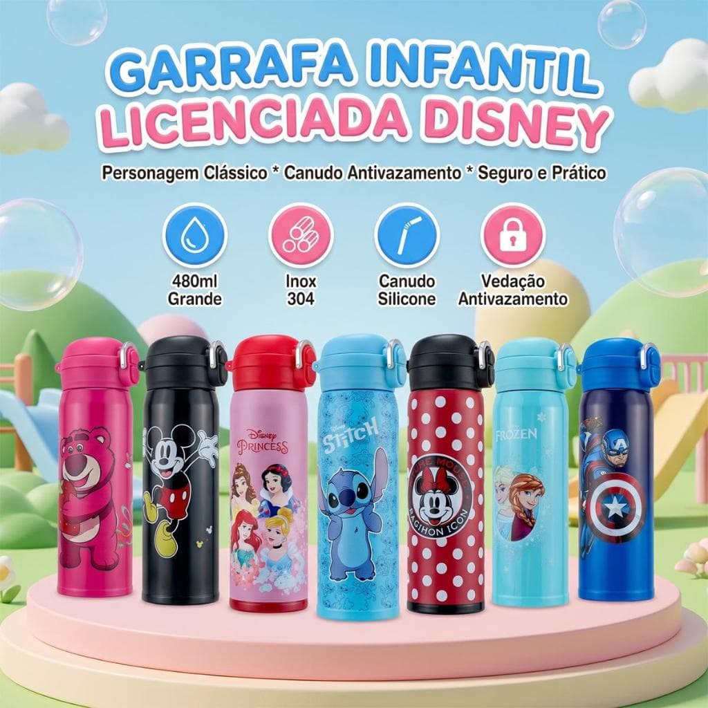 Garrafas de Água Térmica Squeeze 480ml Resistente Escola Passeio Original Marvel e Disney