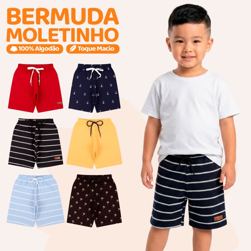 Kit 4 ou 6 Bermudas Infantil Menino Infantil Moletinho em Algodão Moda Casual Básica