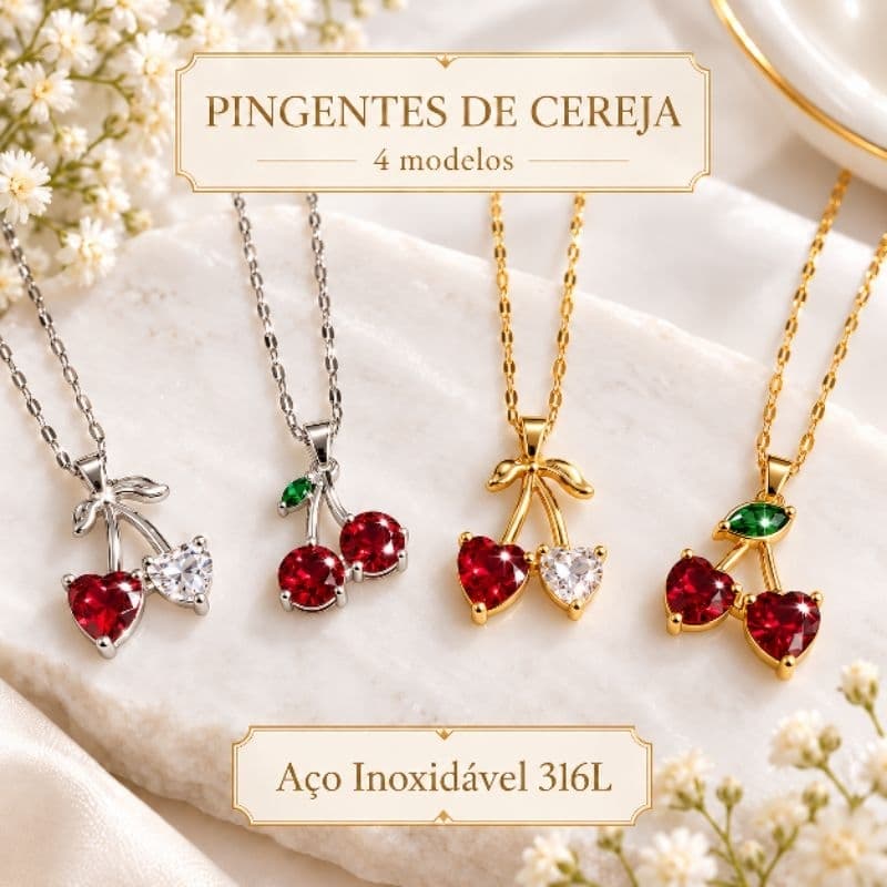 Colar Cereja Feminino Aço Inox 316L com Zircônia Vermelha Cristal Antialérgico Brilhante