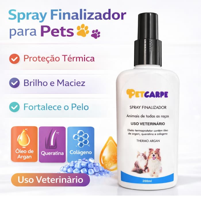 Spray Finalizador de Banho Pet Carpe 200ml Abrilhantador de Pelos Proteção Térmica Cães e Gatos