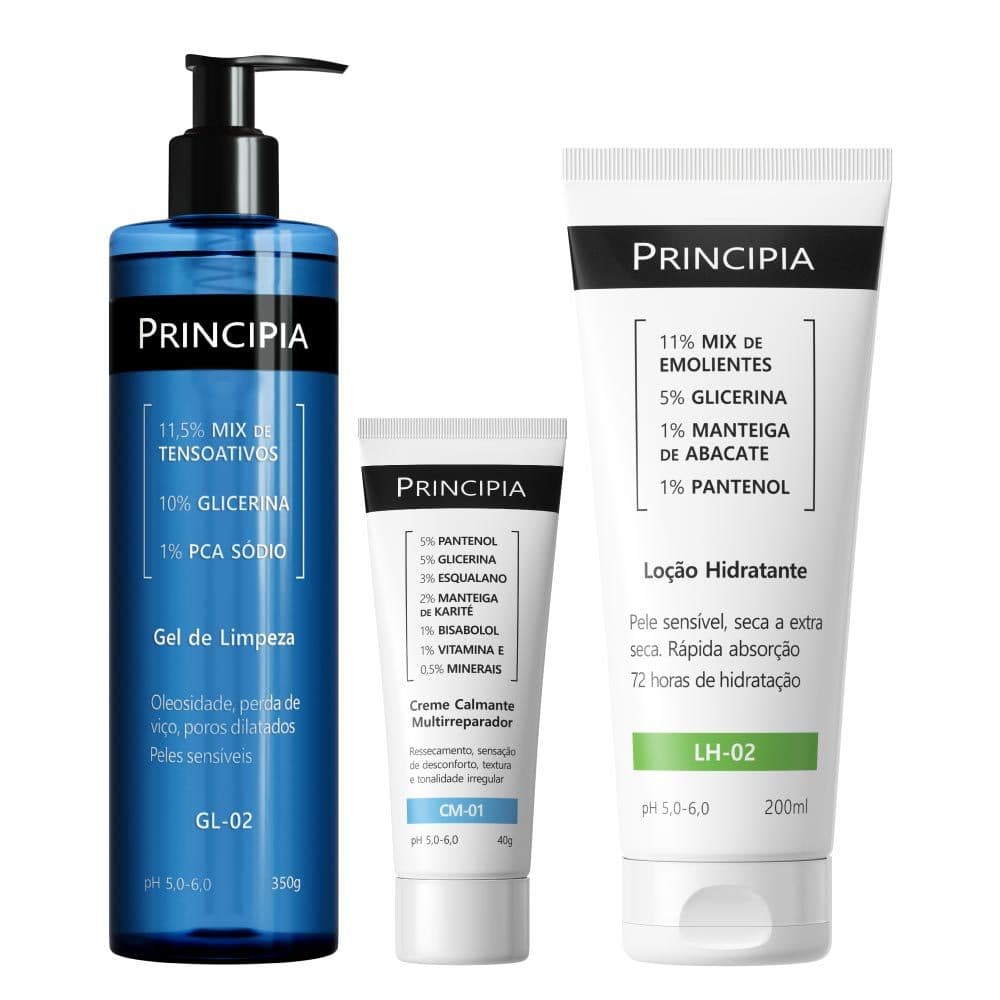Principia Kit Hidratação Facial e Corporal Peles Mistas c/ Gel De Limpeza GL-02 + Creme CM-01 + Loção LH-02 200ml