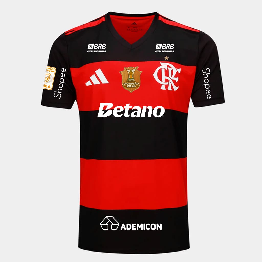 Manto Flamengo Fan Masculina Jogo 1 Adidas 2026 - Kit Patrocínio + Kit Patchs Campeão Brasileirão 2025