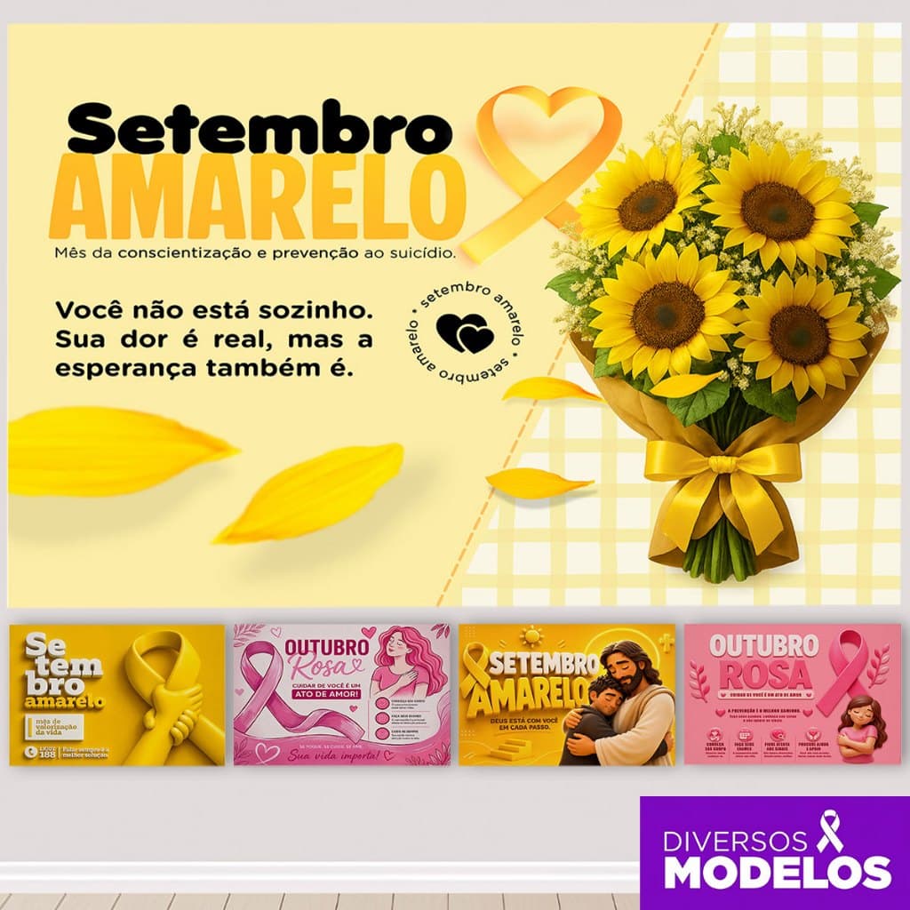 Painel Setembro Amarelo/Outubro Rosa Conscientização Retangular Horizontal Sublimado Em Tecido
