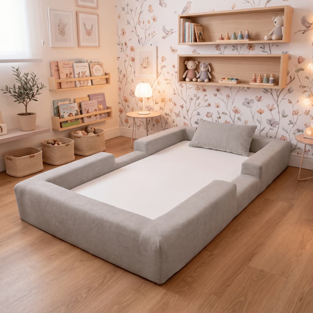 Cama Montessoriana Solteiro Ninho 100% Espuma Cinza Keiko