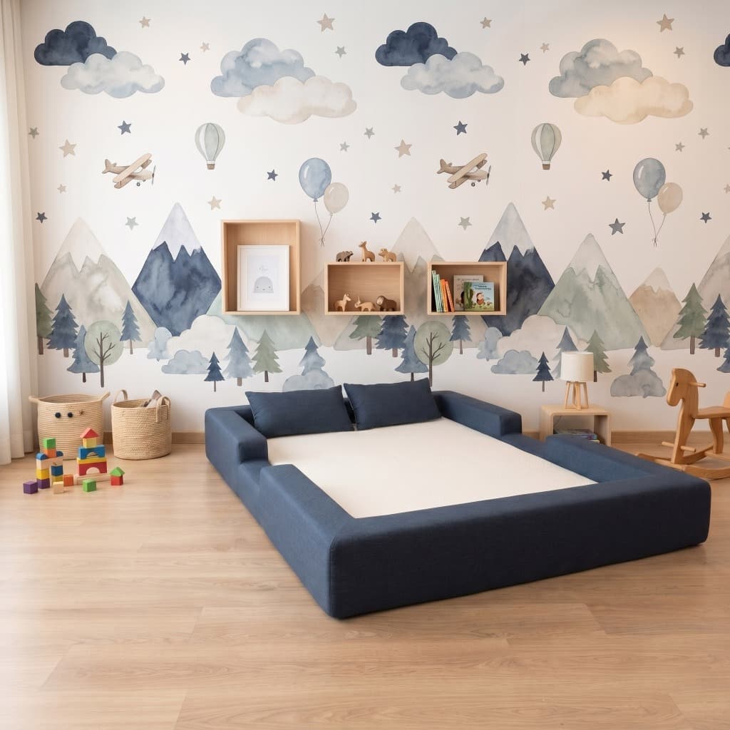 Cama Montessoriana Casal Ninho 100% Espuma Azul Marinho Keiko