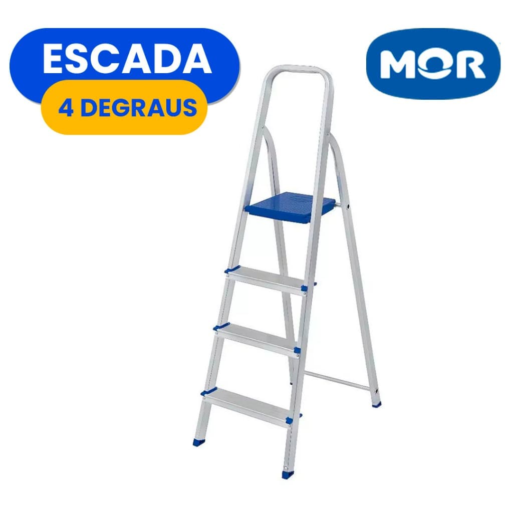 Escada Alumínio 4 ou 3 Degraus MOR Dobrável Resistente Doméstica Tesoura 120 kg Reforçada Aço