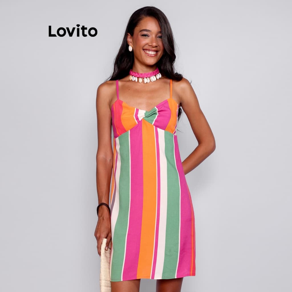 Lovito Bossa l Vestido Curto Feminino Sem Mangas Listrado Colorido BRDRB1216BRL1246