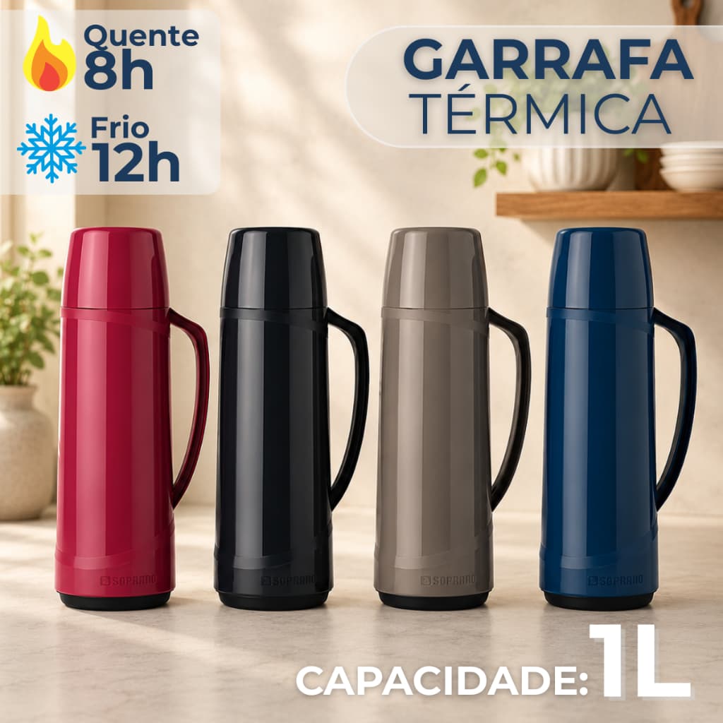 Garrafa Térmica Café Chá 1 Litro Cristal Ampola de Vidro Soprano