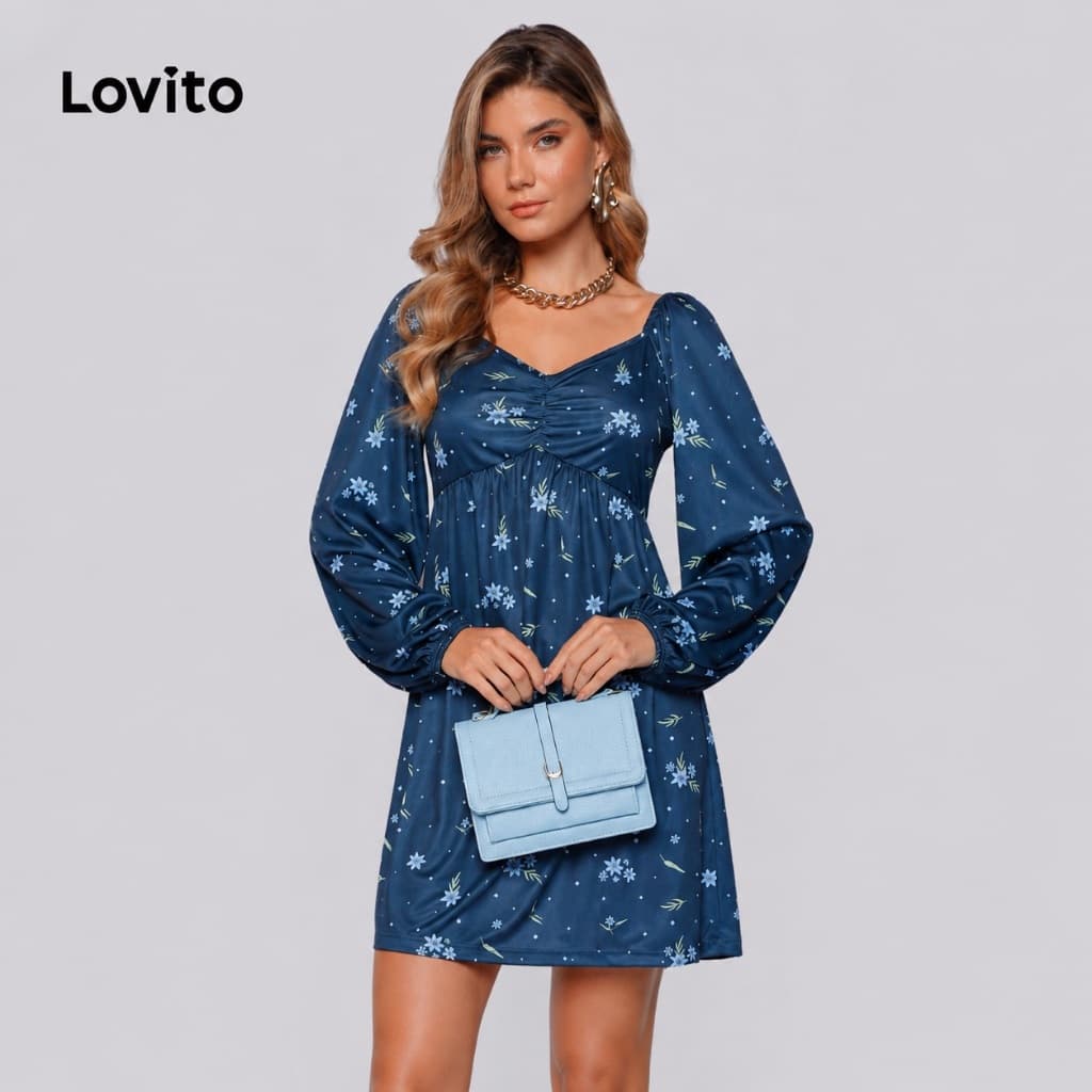 Lovito Vestido Feminino Estampado Manga Longa Bufante DRB1336BRL1366