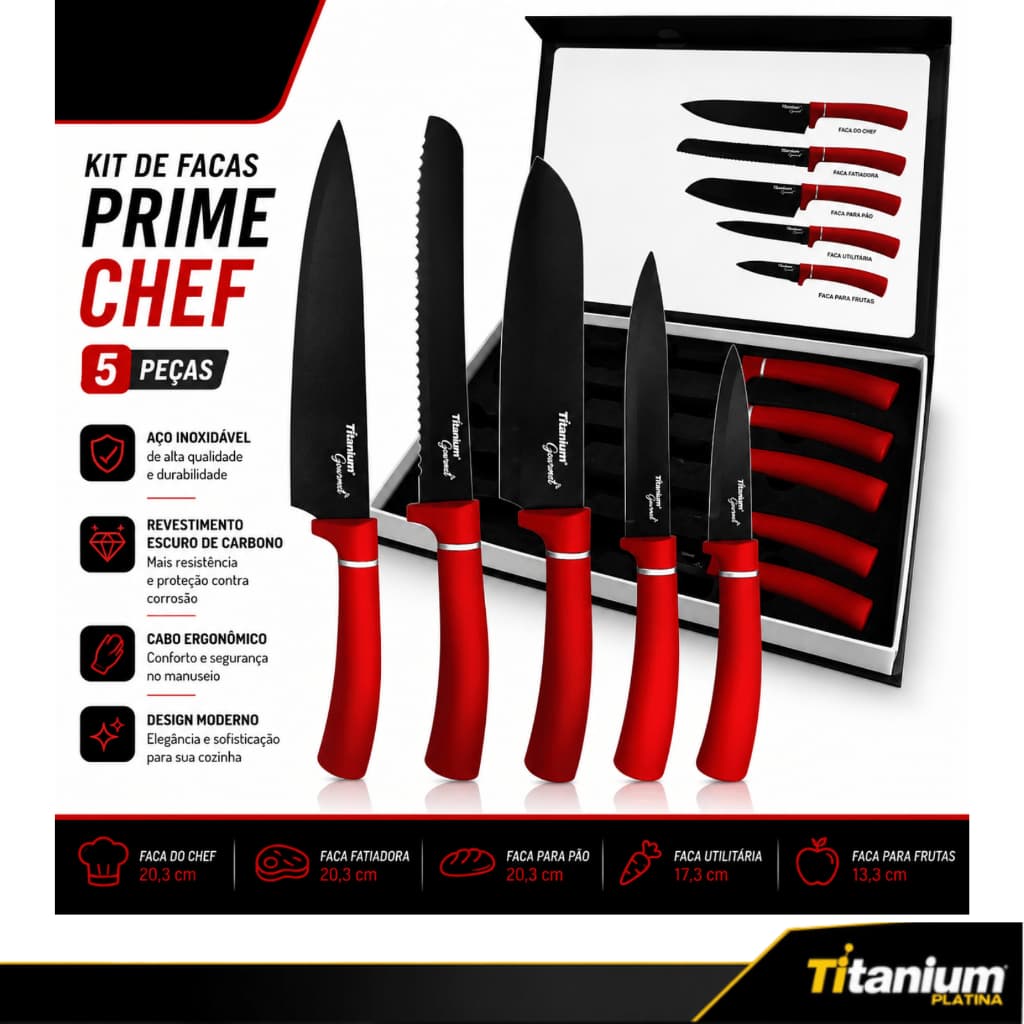 Kit de Facas Prime Chef 5 Peças Titanium Gourmet Vermelha – Aço Inoxidável de Alta Qualidade