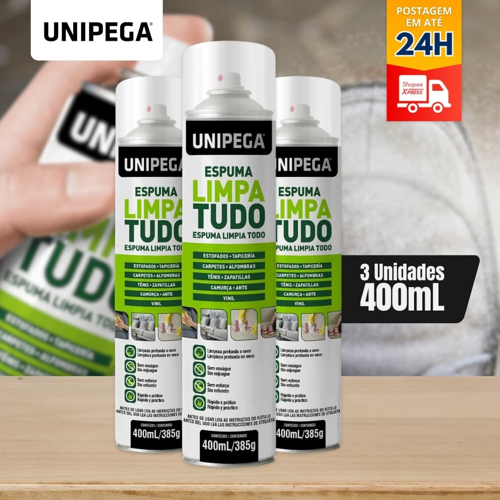 Espuma de Limpeza Multiuso Unipega 400ml – Remove Sujeira e Gordura - Kit 3 Unidades
