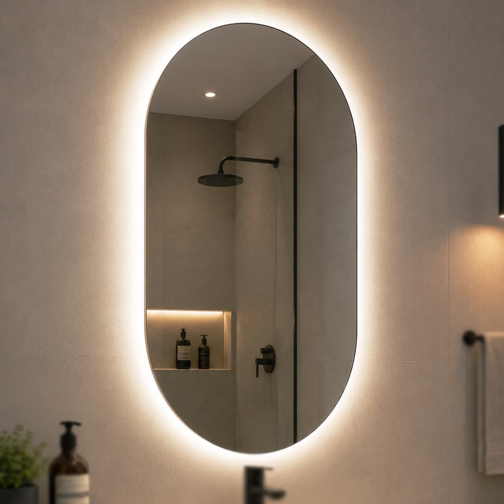 Espelho Grande De Parede Oval Com Led  Orgânico Banheiro Sala Quarto Luz Quente E Fria
