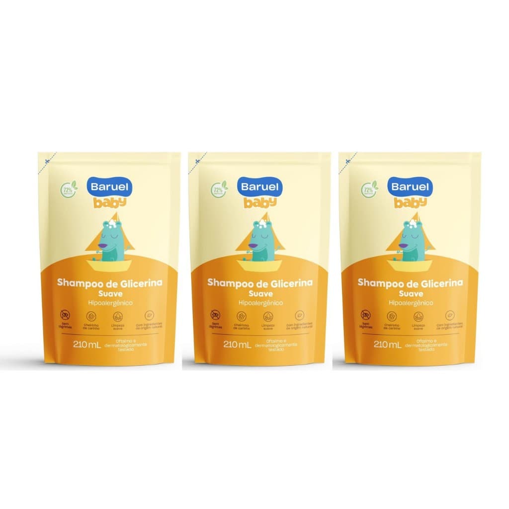 Kit 3un Refil Shampoo Glicerina Suave Baruel Baby 210ml