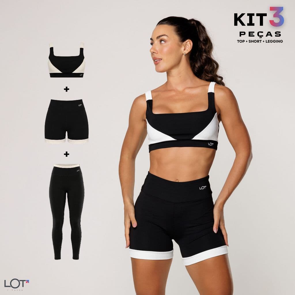 Kit Conjunto Feminino Fitness Academia Top + Legging + Short Recorte Texturizado Off-white Poliamida