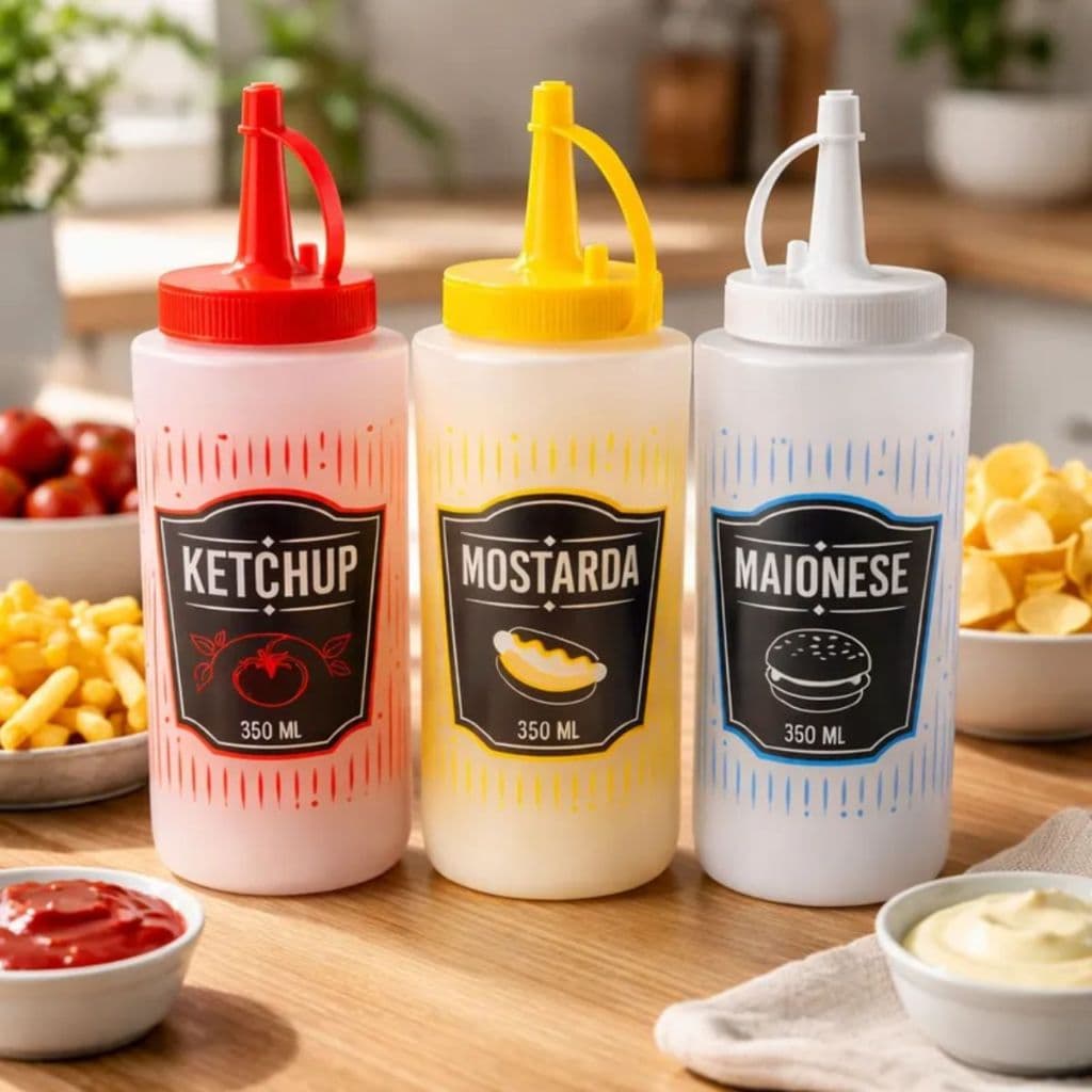 03 Bisnagas Decoradas 350Ml Para Molhos Ketchup Mostarda Maionese Lanchonete Plástico Dosador Refil