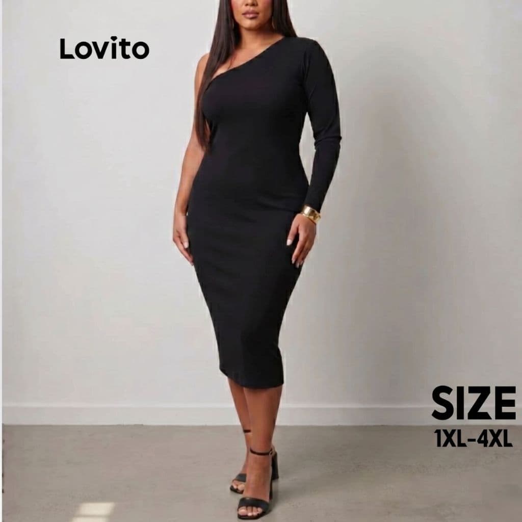 Lovito Vestido Plus Size de Malha Canelada com Uma Manga Só DRB472BRL502