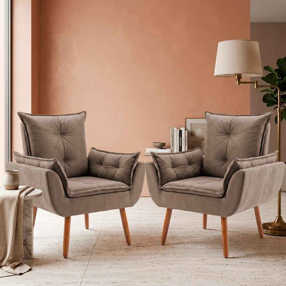 Kit com 2 Poltronas Decorativa Opala Pés Palito Premium, Reforçada, Cozinha, Quarto Suede Capuccino
