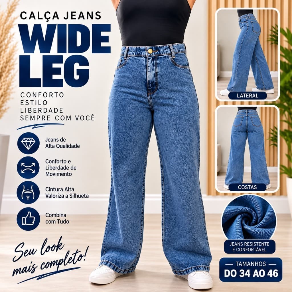 Calça Wide Leg Jeans Feminina Sem Elastano Tamanho 34 ao 46
