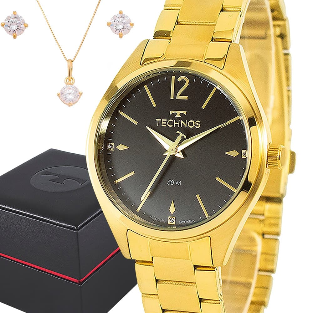 Relógio Technos Feminino Dourado Prova d'água com 1 ano de garantia com colar e brincos