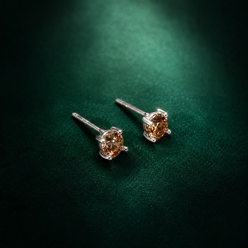 Brinco Zircônia Redonda Citrino 4mm em Prata 925 Delicado e Elegante