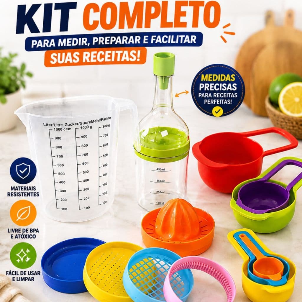 Kit Cozinha Completo Garrafa 8 em 1 + Colheres Medidoras + Jarra Medidora Utensílios para Receitas