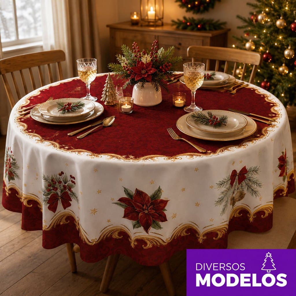Toalha de Mesa Redonda Natal 4 Lugares Mesa Posta Natalina Em Tecido Oxford 1,40x1,40m