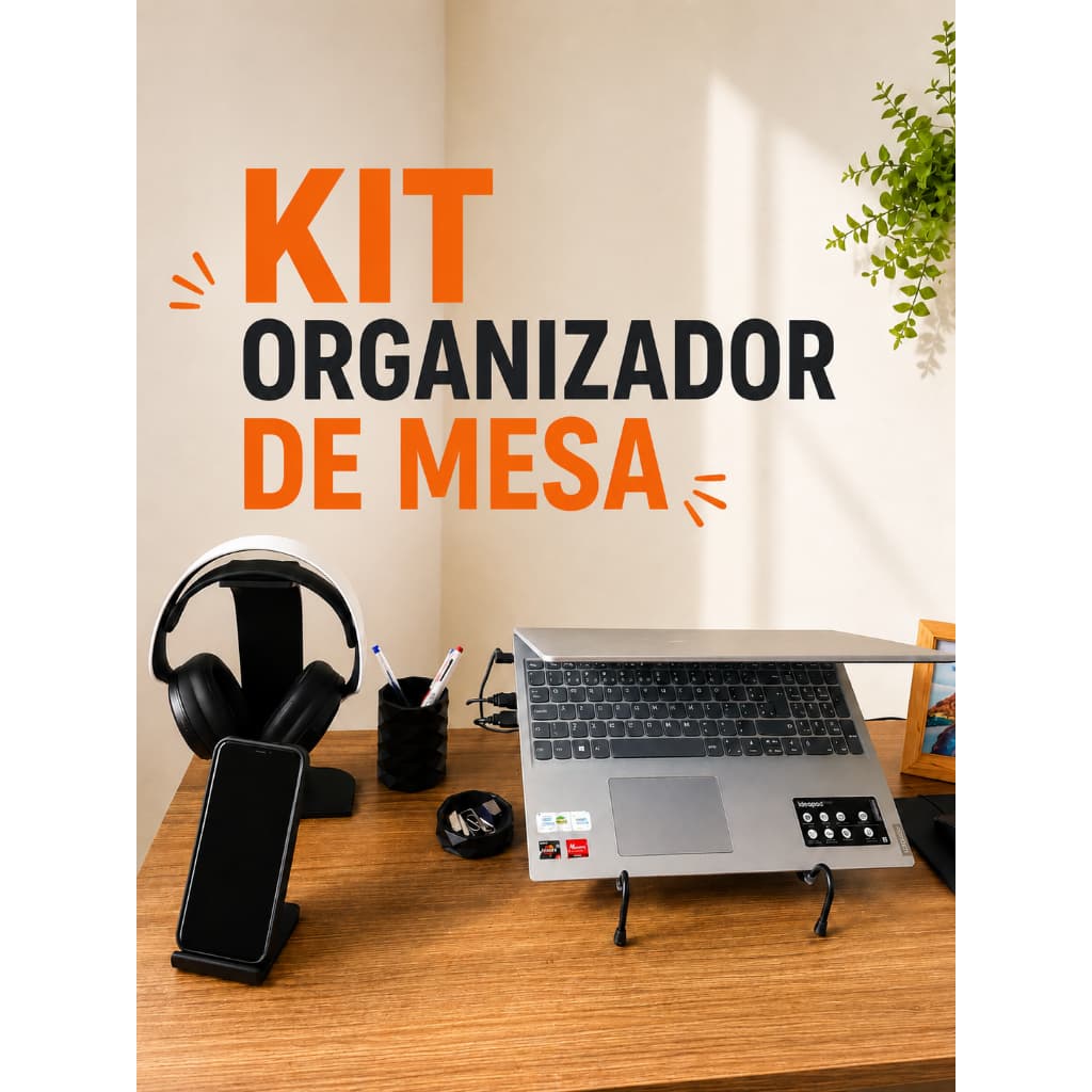 Kit Organizador De Mesa 4 em 1 Premium Suporte Headset Celular E Porta Canetas Home Office