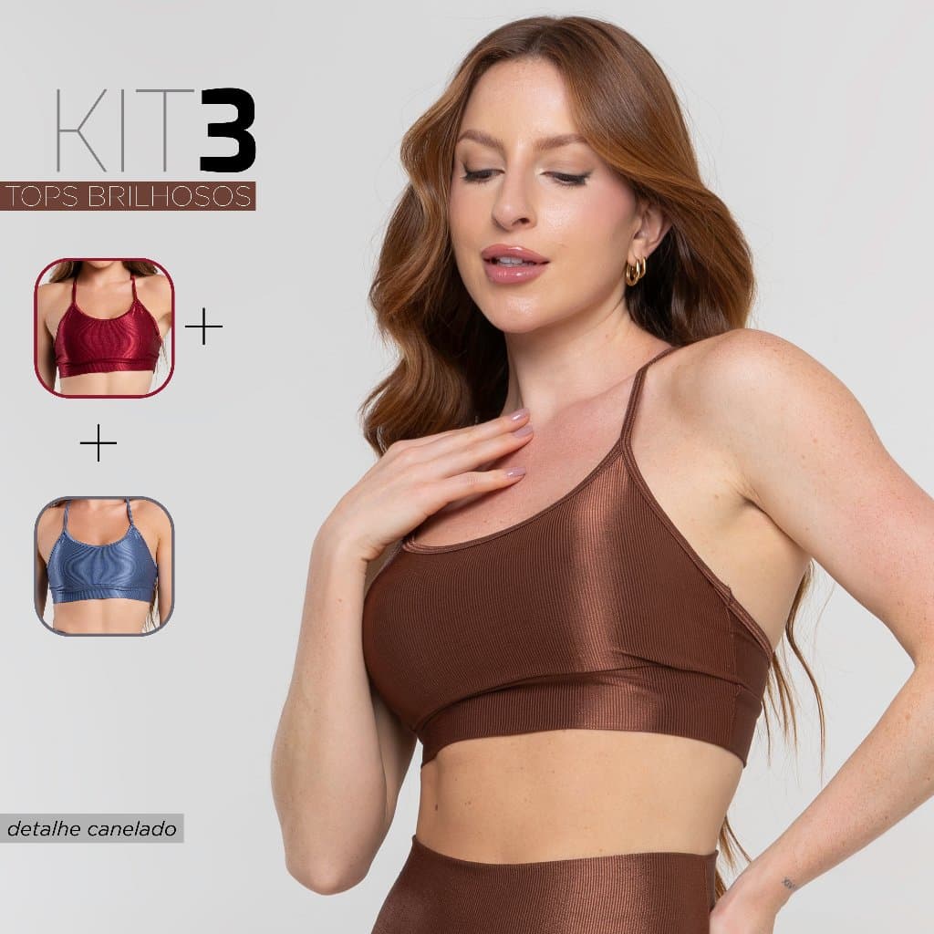 Kit com 3 Tops Fitness Feminino Alcinha – Trilobal Canelado Brilhoso Confortável Academia
