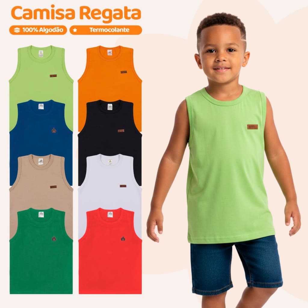 Kit 5 ou 3 Regatas Infantil Menino Básica Lisa Camiseta Sem Manga Masculino Verão Criança Algodão Casual Escolar Kids