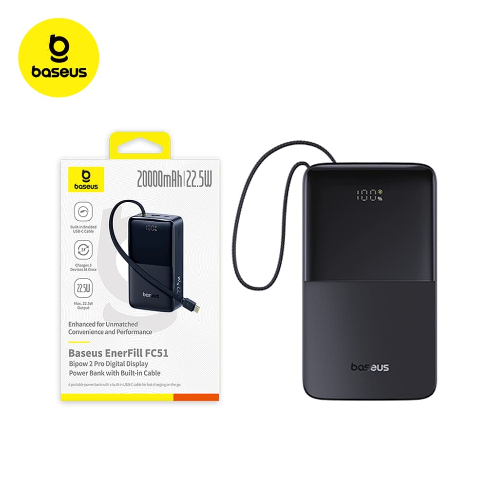 PowerBank Baseus FC51 Bipow2 Pro 10000mAh/20000mAh 22.5W com Cabo Integrado e Display Digital EnerFill