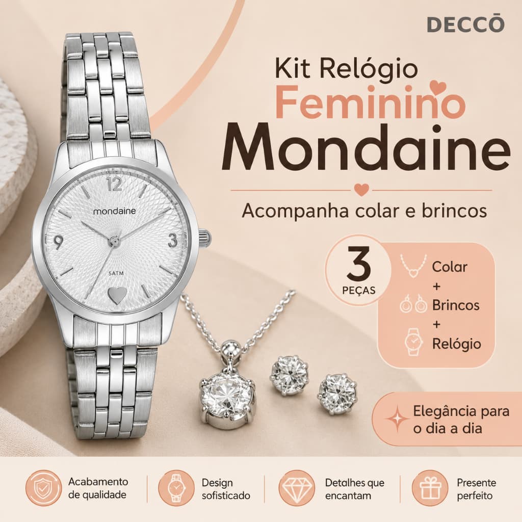 Relógio 28 MM Com Colar E Brincos Feminino Mondaine Prata Analógico Resistente à Água