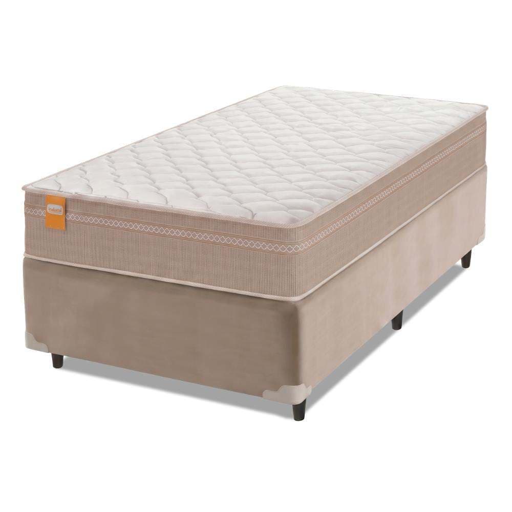 Cama Box Solteiro Colchão Molas Qatar 88x188x60cm Bege/Branco Inducol-Suporta Até 200 Kg Por Pessoa