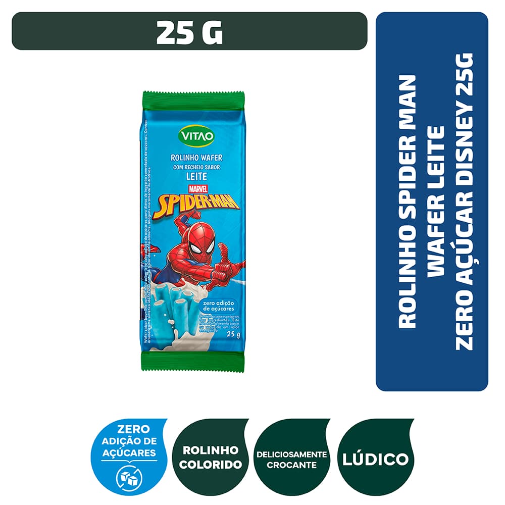 Rolinho Spider Man Wafer Leite Zero Açúcar Disney 25G