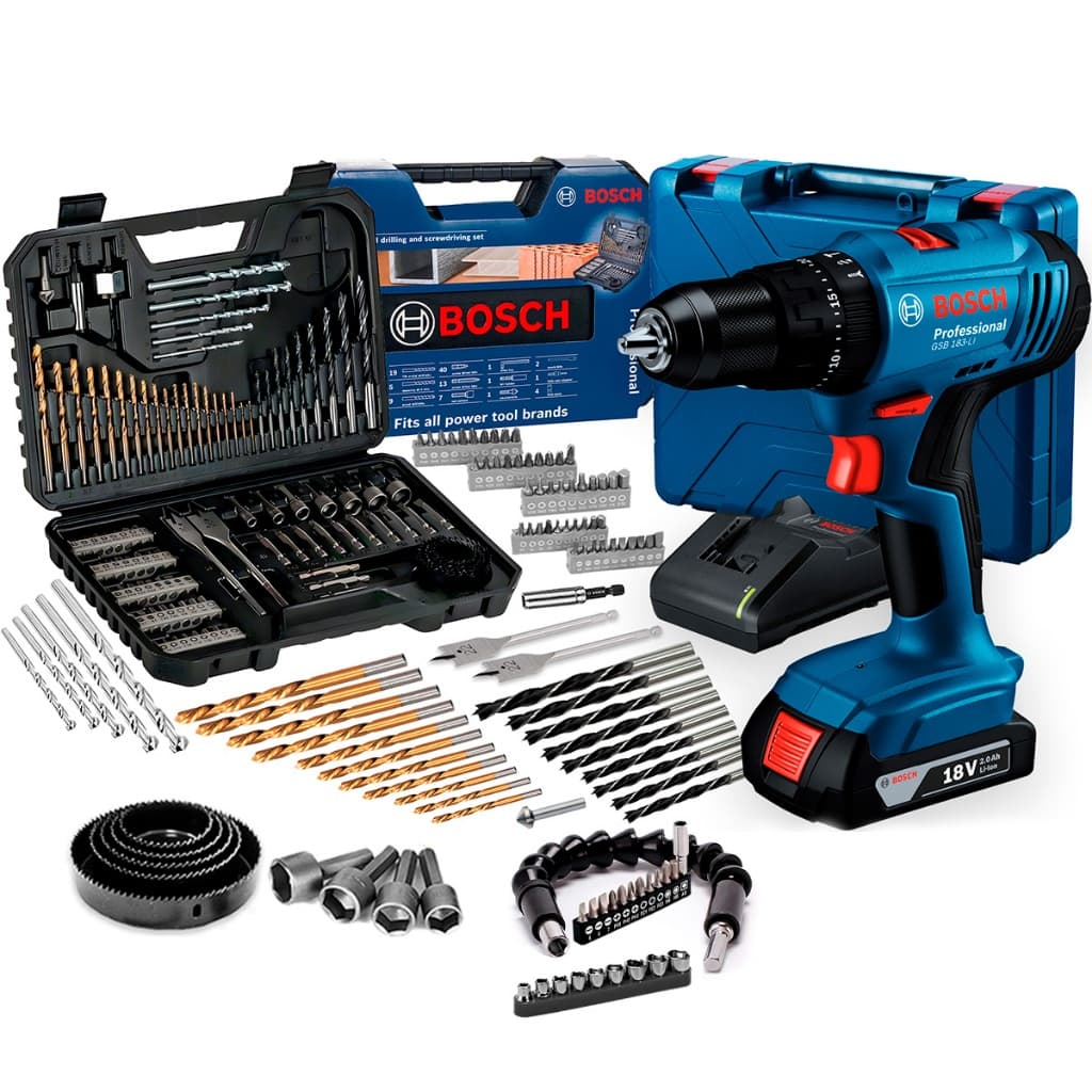 Kit Bosch Parafusadeira Furadeira 18V GSB 183-LI C/ Carregador + Maleta 103 Pçs Em Aço Resistente E Acessórios