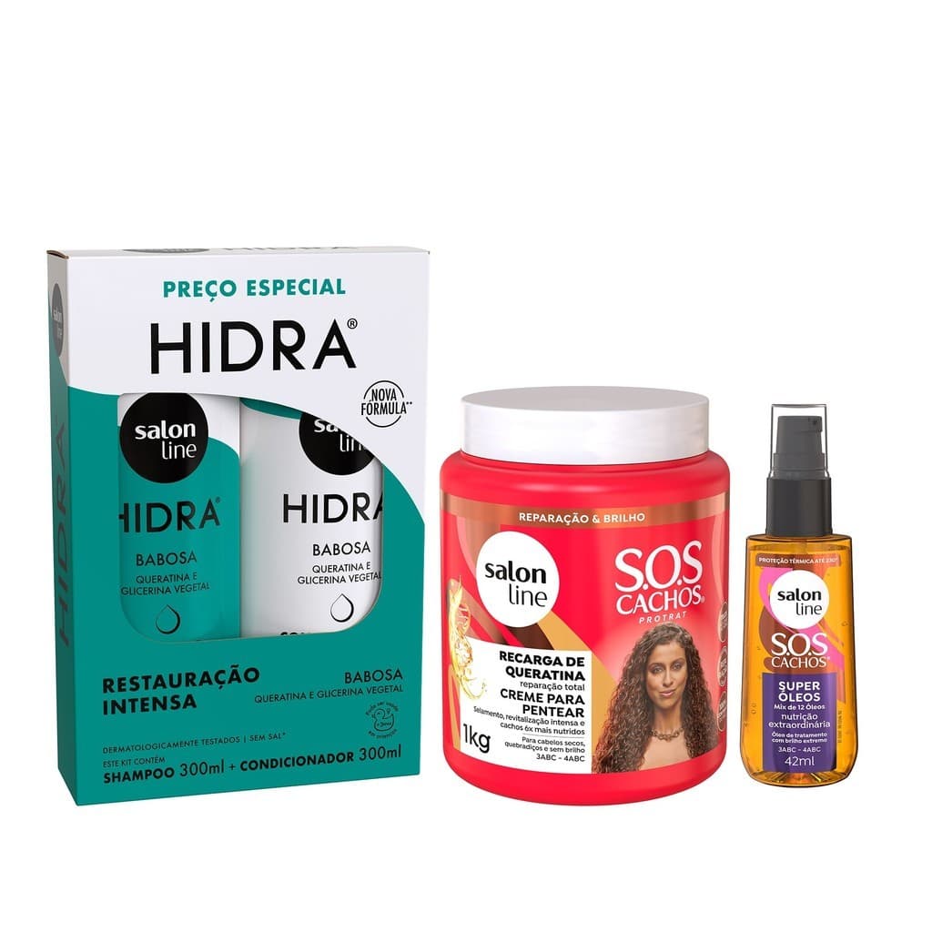 Kit reparação completa com Shampoo, Condicionador, Óleo e Creme para Pentear