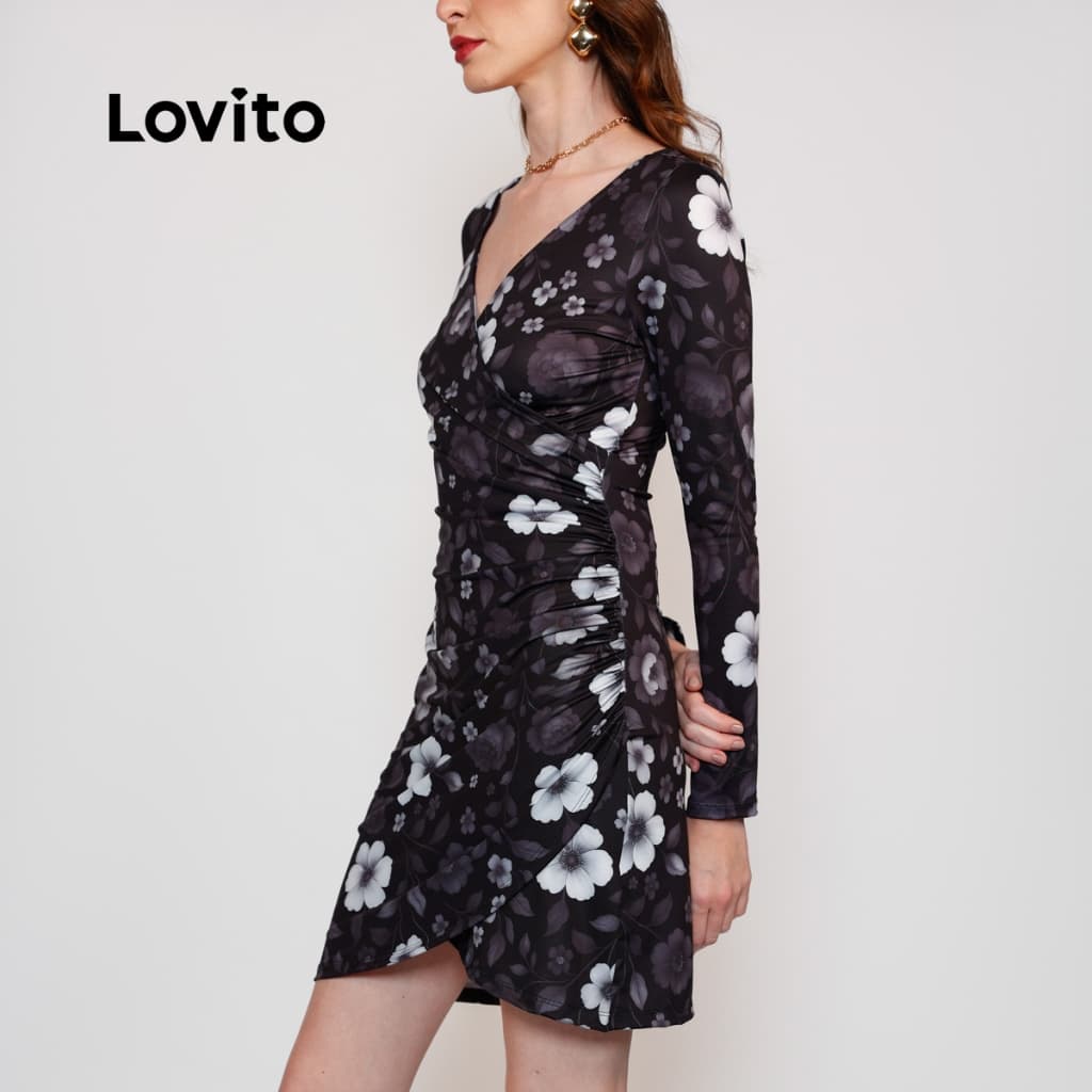 Lovito Vestido Feminino Manga Longa Estampa Floral DRB18991929