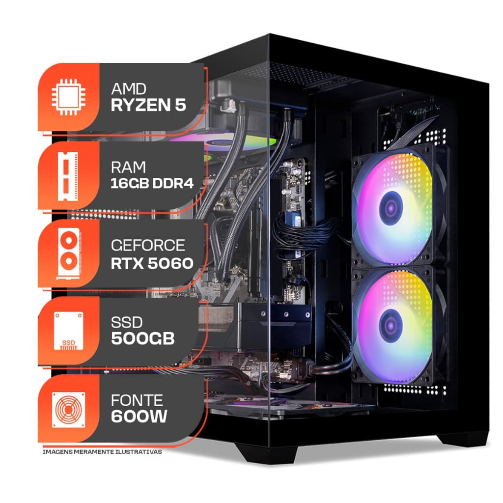 PC Gamer Titan Pro, AMD RYZEN 5 5500, GeForce RTX 5060 8GB, 16GB DDR4, SSD M.2 500GB, Fonte 600W 80 Plus