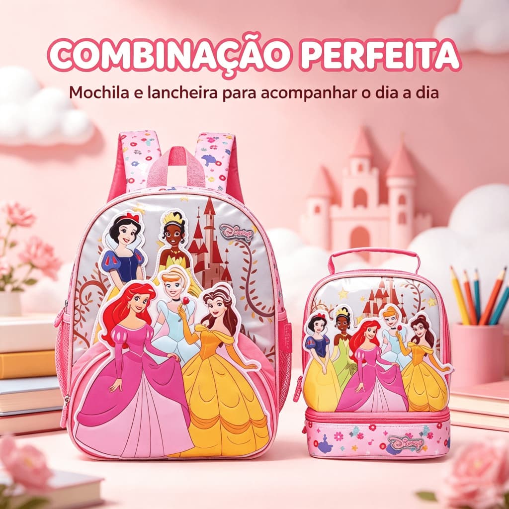 Kit Mochila Costas Lancheira Térmica Princesas Pré Escolar Menina Disney