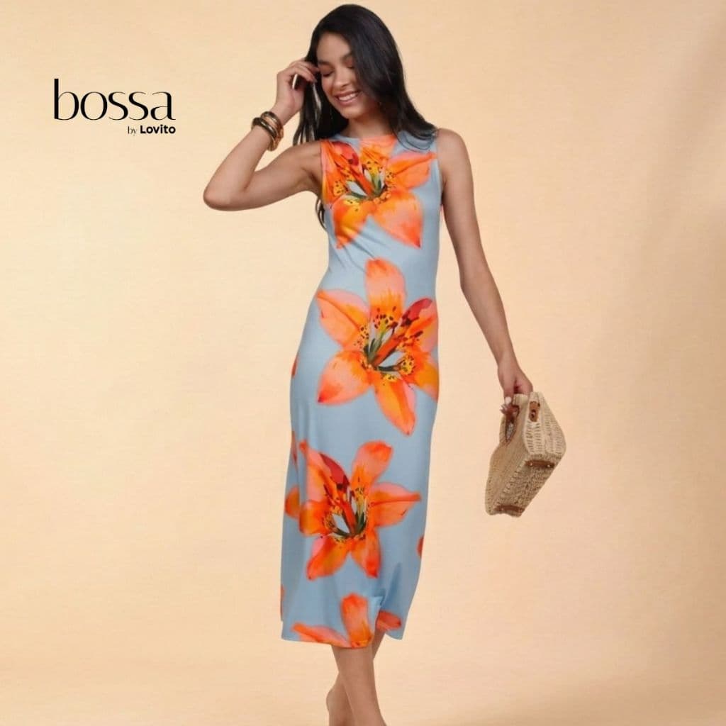 Lovito Bossa | Vestido Feminino Decote Nadador Estampado DRB15881618