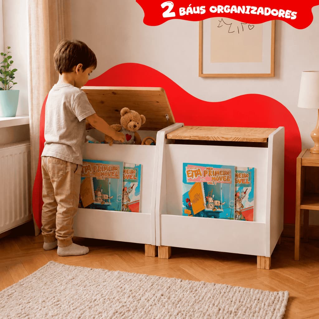 2 Baús Organizadores Leiturinha Madeira Infantil Tamanho P Quarto Organização Kit Livro Educativo