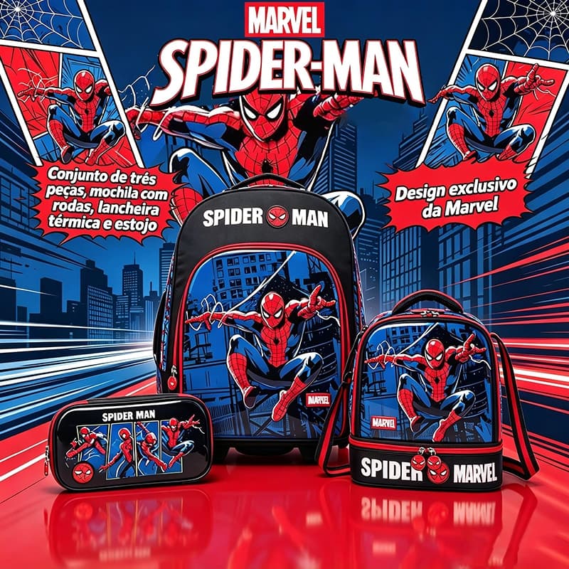 Marvel Conjunto de mochila escolar do Homem-Aranha com rodas espaçosa com lancheira e estojo