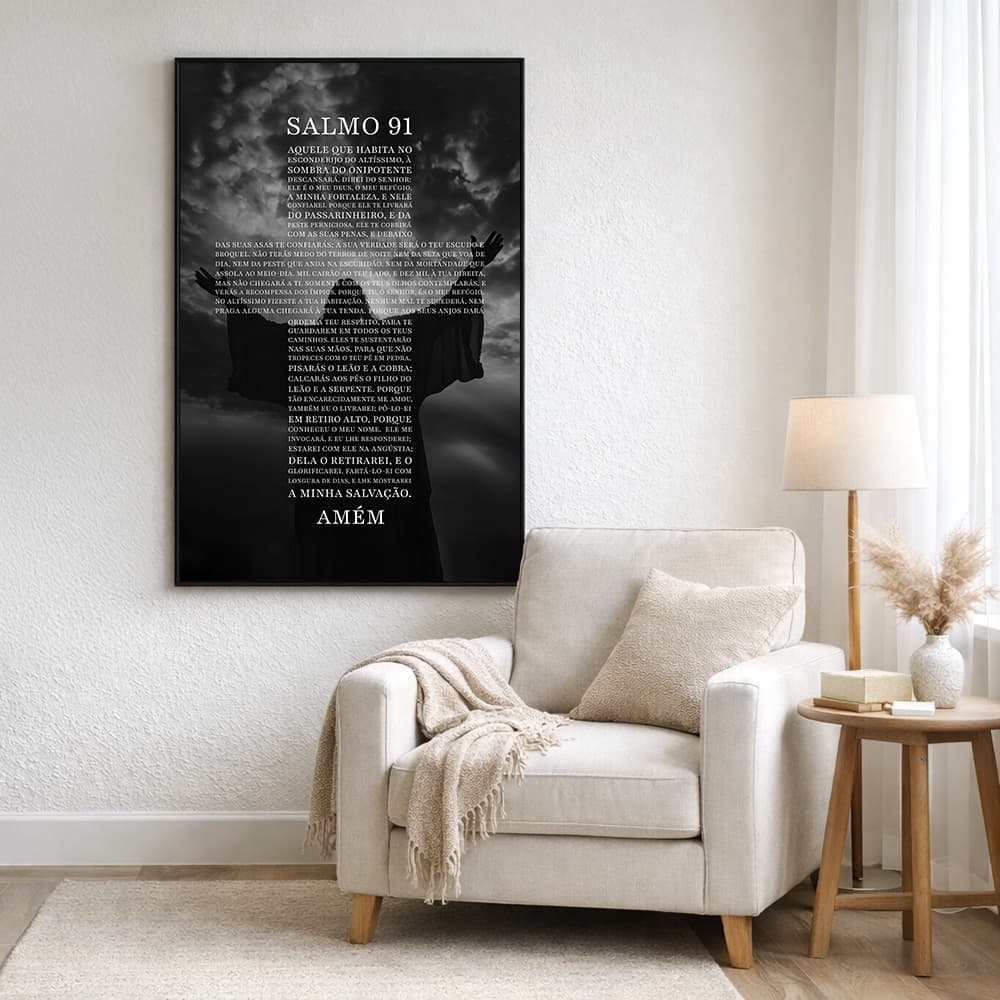 Quadro Decorativo Religioso Jesus e o Poder do Salmo 91 com Moldura Sala Quarto Escritorio