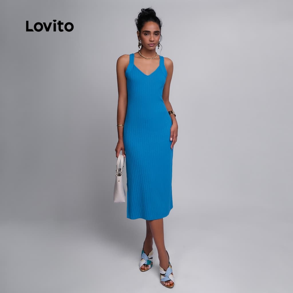 Lovito Vestido Midi Feminino de Tricot Canelado DRB942BRL972