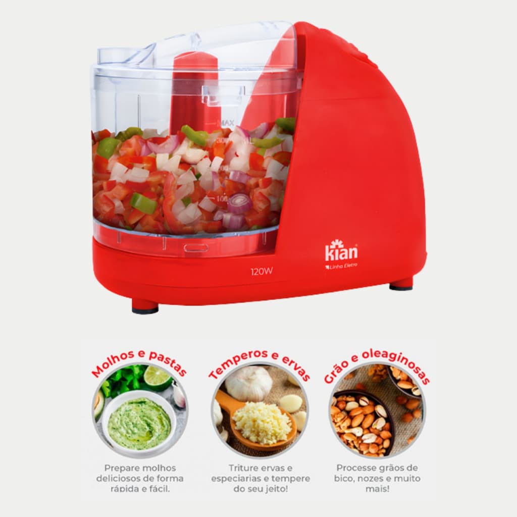 Mini Processador Elétrico 120W 500ml Lâminas Duplas em Aço Inoxidável Vermelho Kian