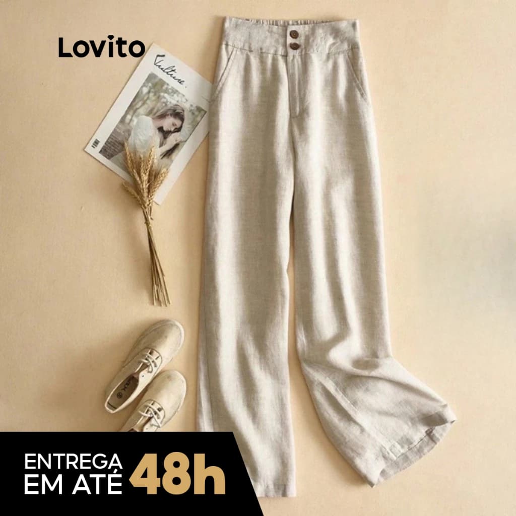 Lovito Calça Feminina Linho Casual com Botões PTNS21EX224