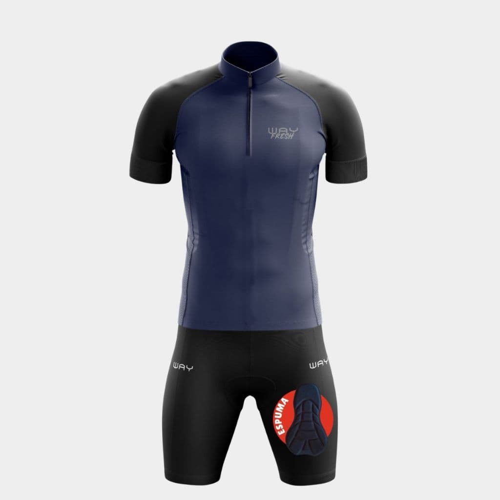 Conjunto Ciclismo Masculino Camisa Refrescante Azul Marinho e Bermuda Forro Espuma Uv50 Mtb
