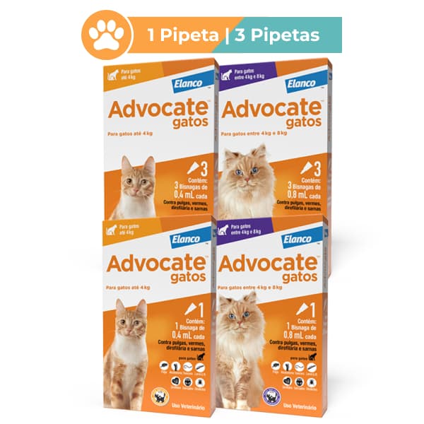 Advocate para Gatos Até 4kg ou de 4 à 8kg 1 ou 3 Pipetas Antiparasitário Elanco