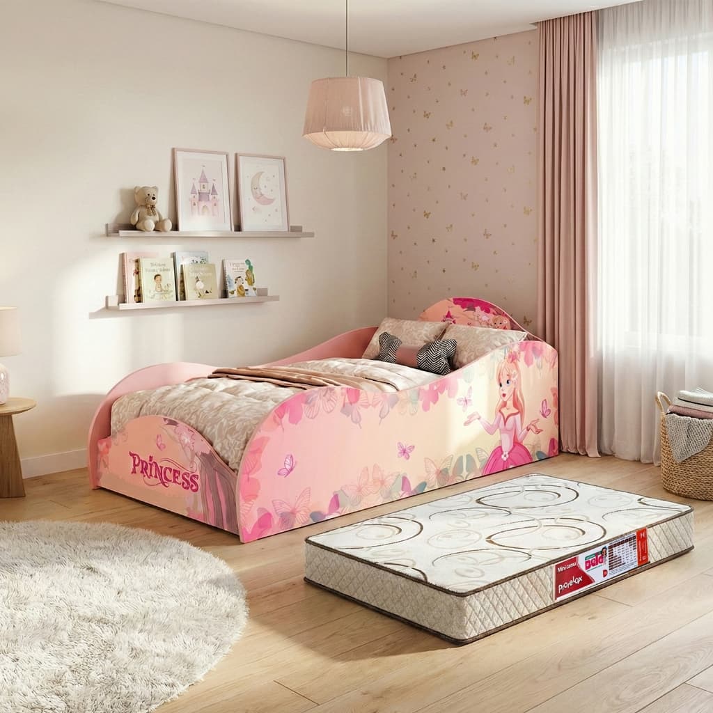 Cama Infantil Princesa Rosa em MDF Juvenil Feminina montessoriana  para Quarto de Menina com colchão