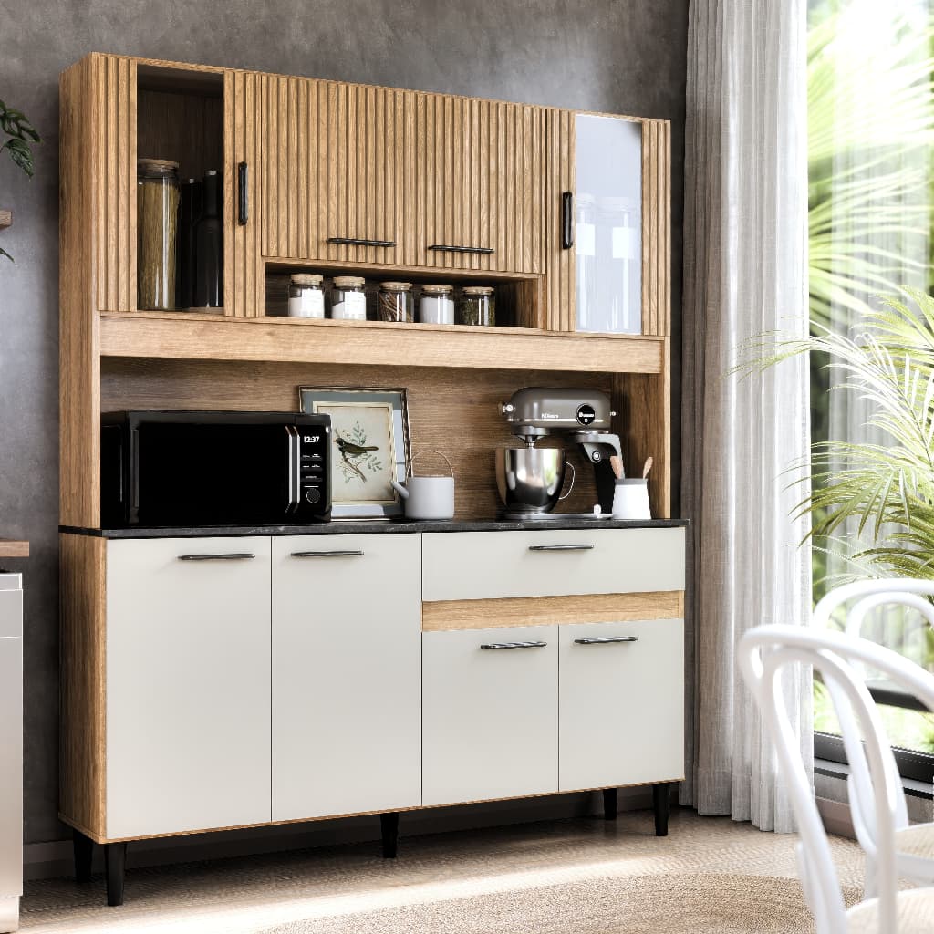 Armário de Cozinha Compacta Coral 120cm Com Balcão de 8 Portas e Gaveta Completa Com Detalhe em Vidro